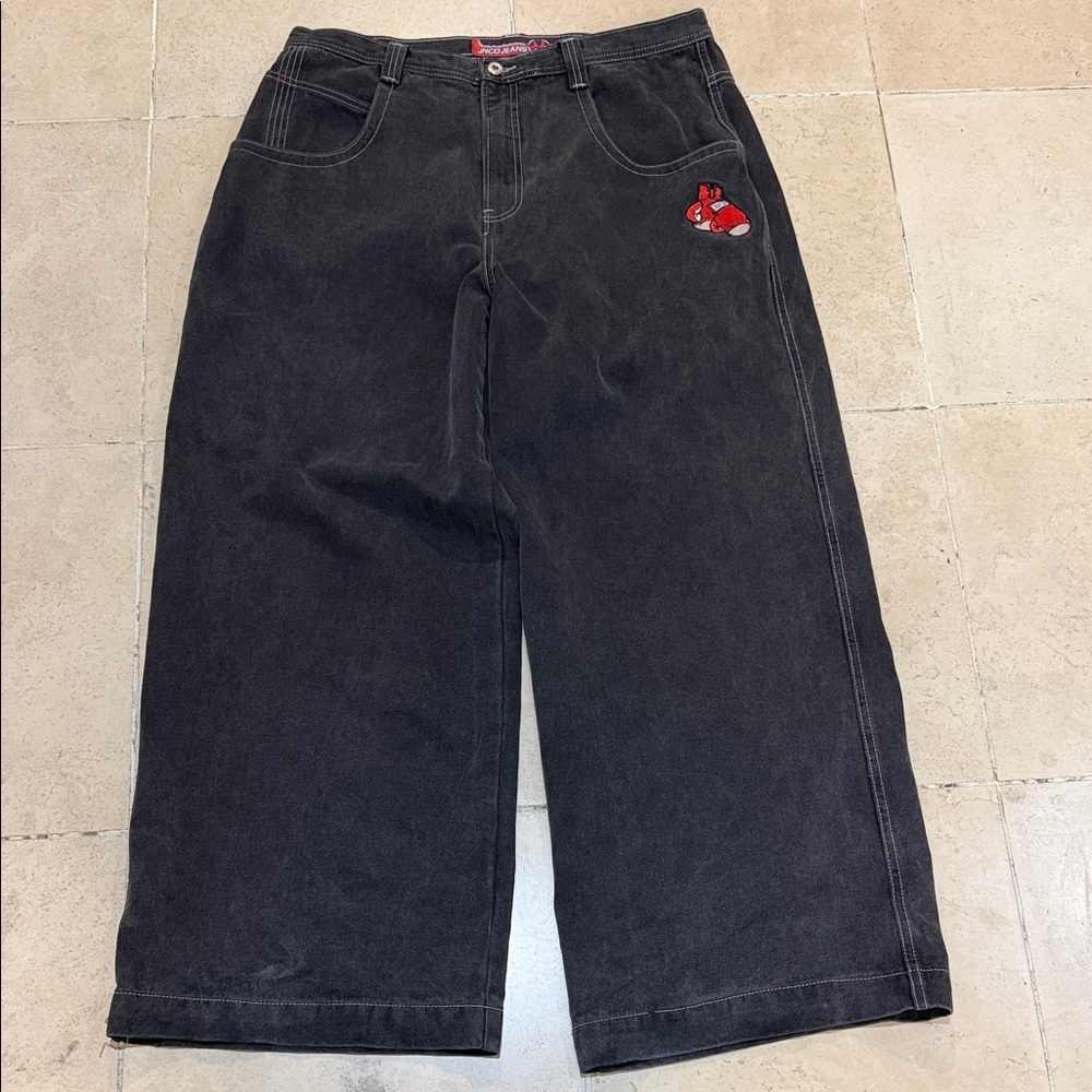 Vintage Y2K JNCO Black Wide Leg Jeans with Red MMA gloves